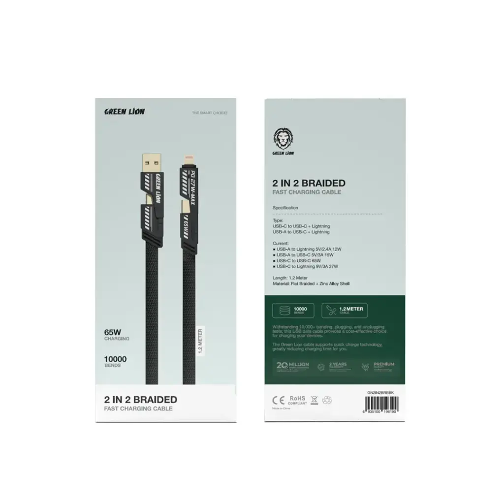 Green Lion 2 in 2 Braided Cable C to C+L and A to C+L 1.2m 65W.webp