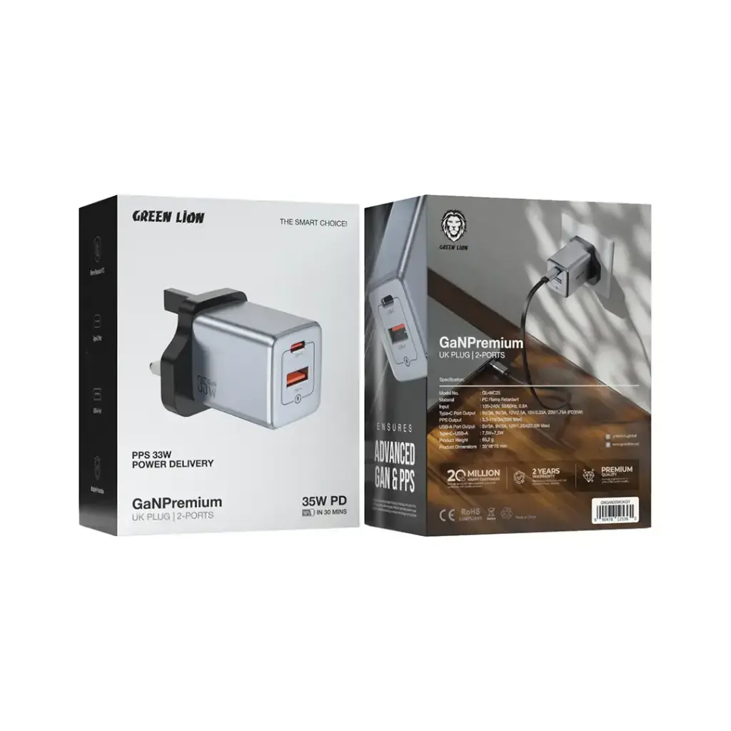 Green Lion GaN Premium UK Plug Wall Charger - Gray .webp