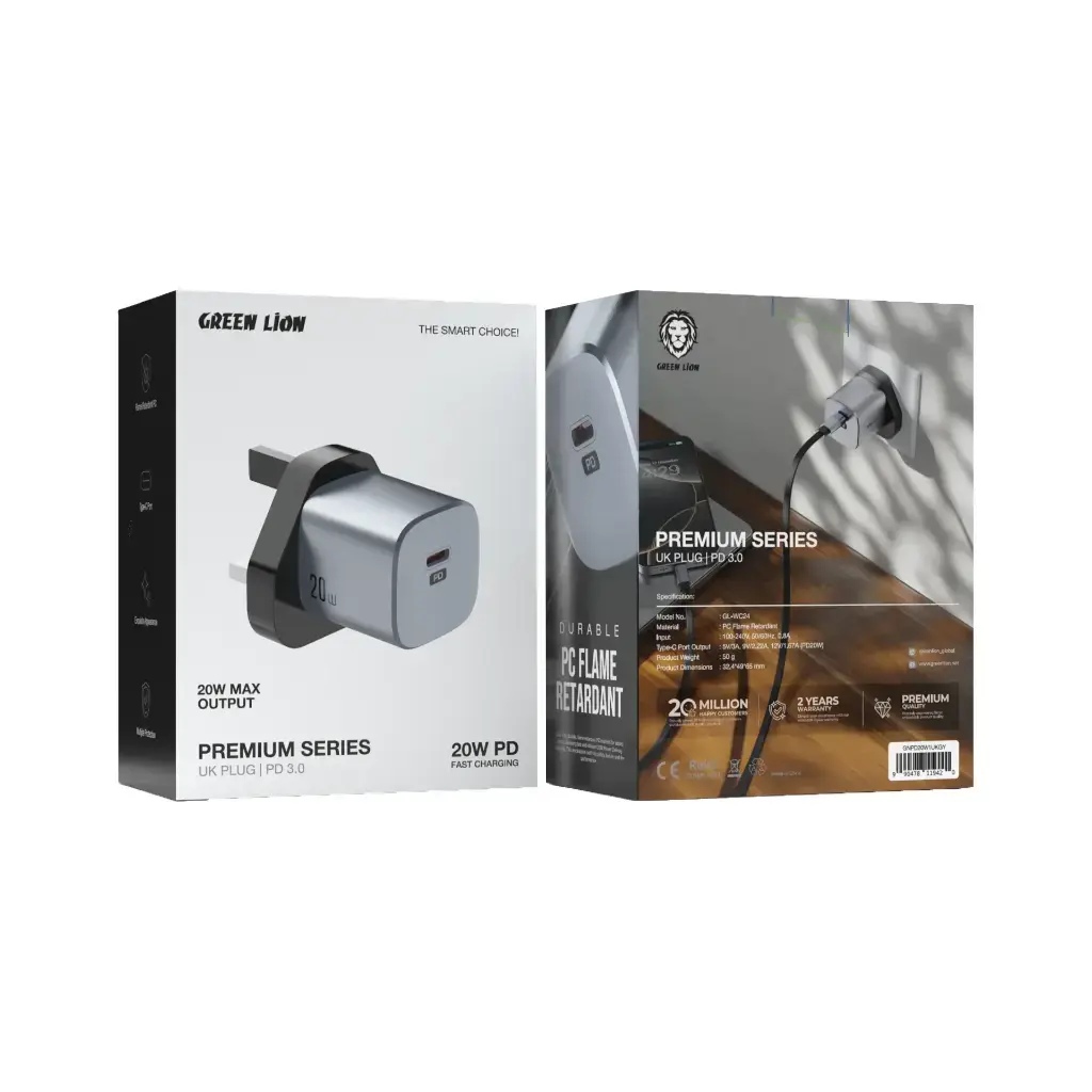 Green Lion Premium Series UK Plug Wall Charger 20W - Gray.webp