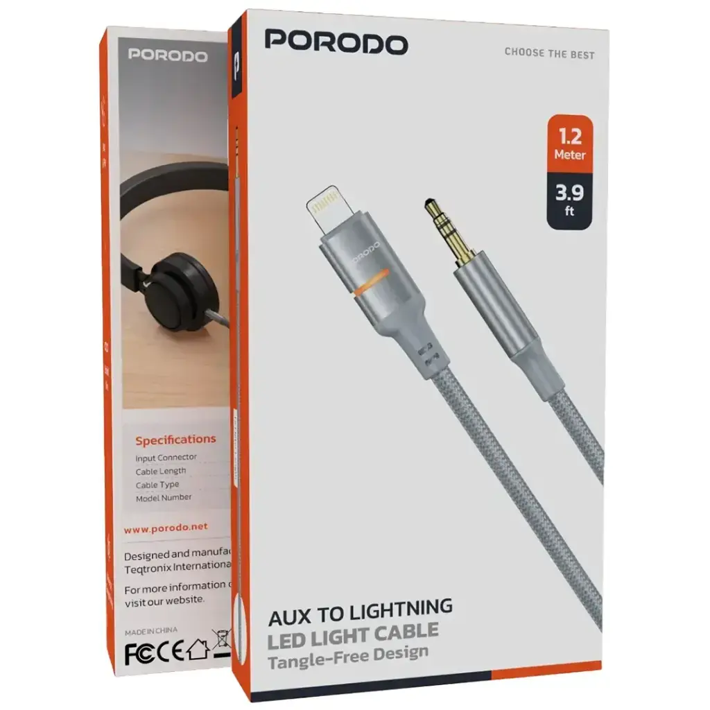Porodo AUX to Lightning LED Light Cable - Gray.webp