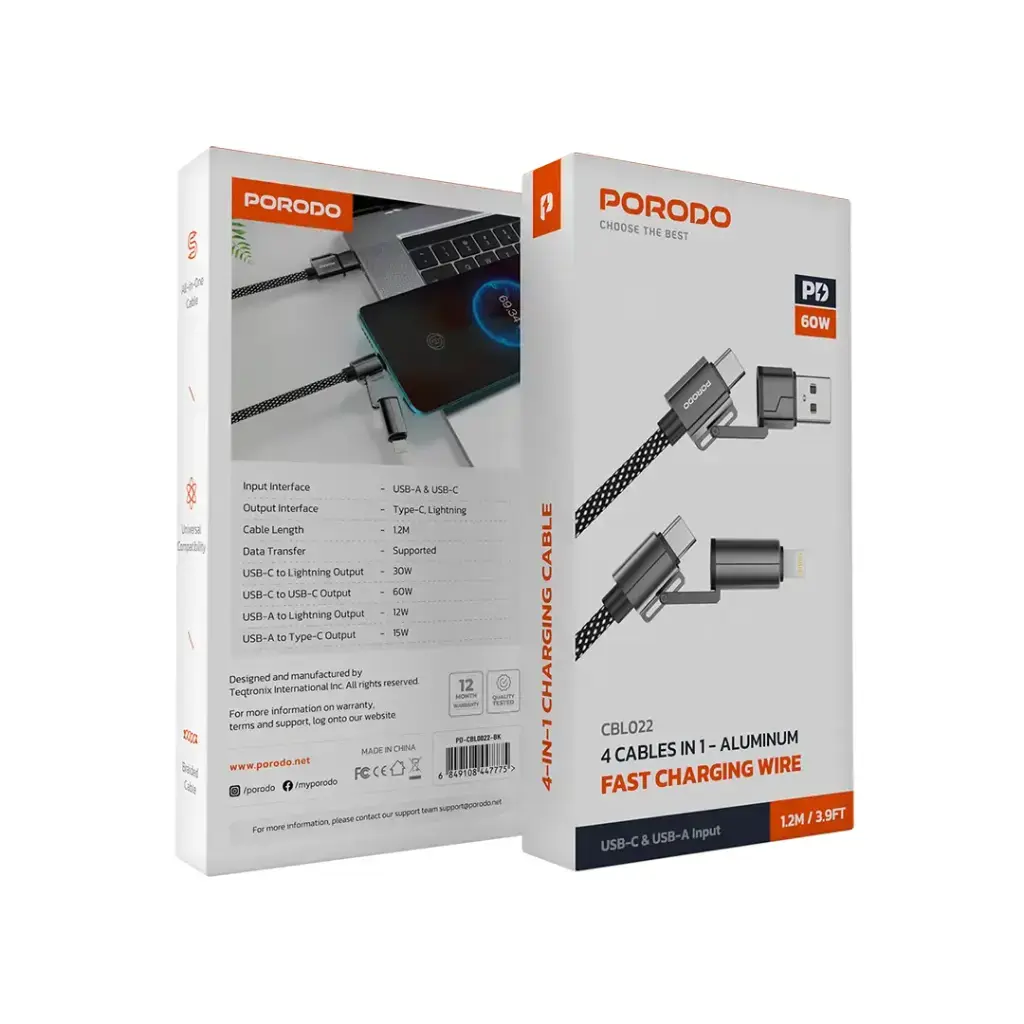 Porodo 4 Cables in 1 Aluminum Fast Charger Wire - Black.webp