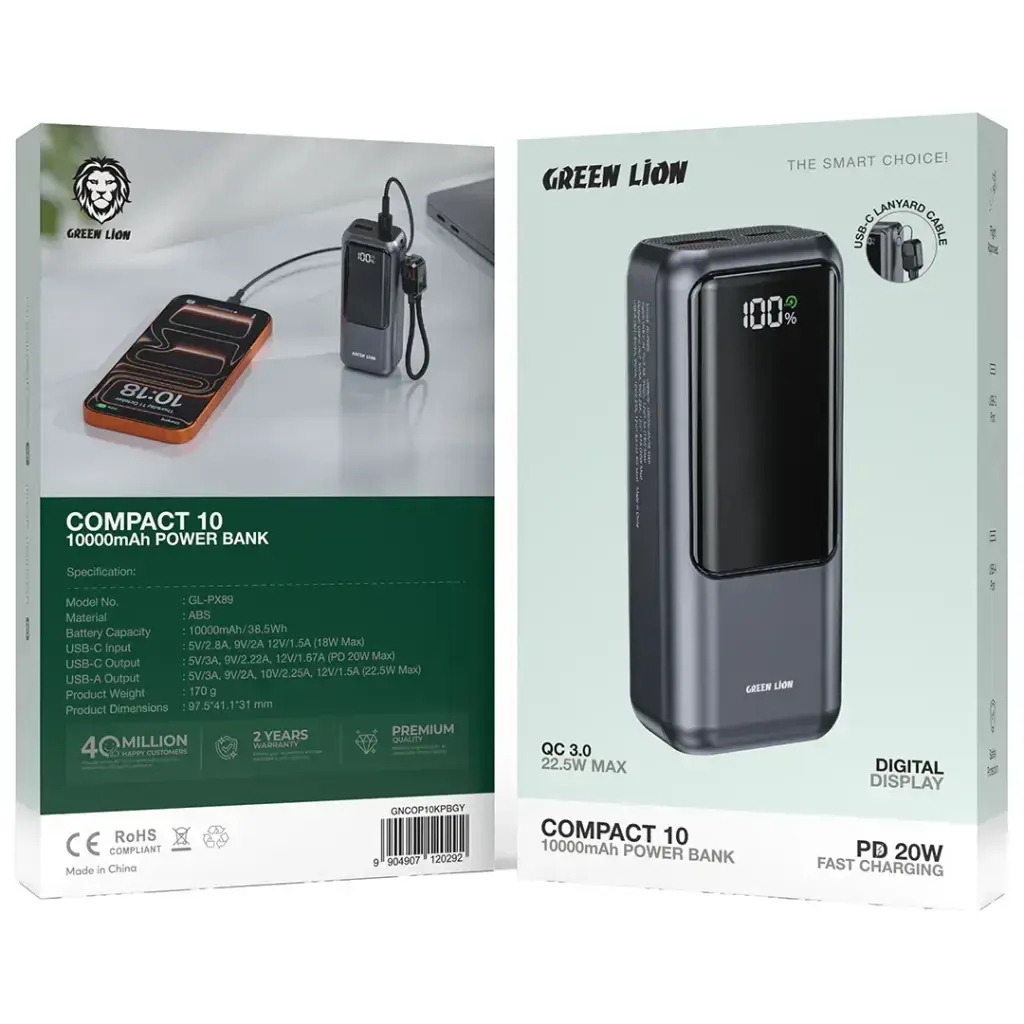 Green Lion Compact 10 10000mAh Power Bank - Grey.webp