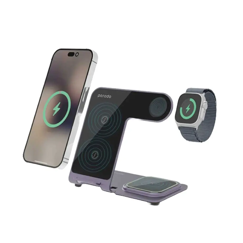 [PD-FWCH015-PU] Porodo 3 in 1 Dual Coil Wireless Charging Dock 15W PD 20W (purple).webp