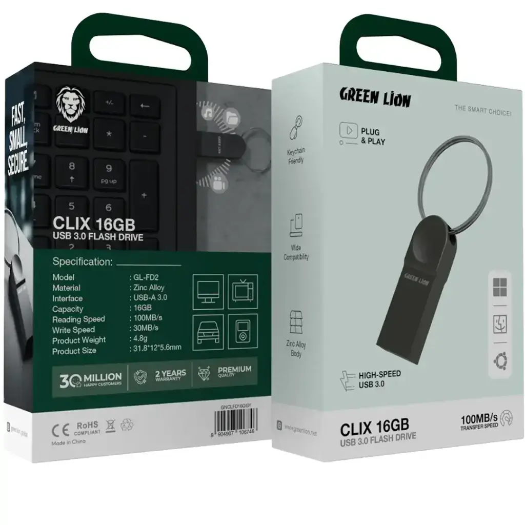 Green Lion Clix USB 3.0 Flash Drive with 16GB, 32GB, 64GB, 128GB Storage - Gray2.webp