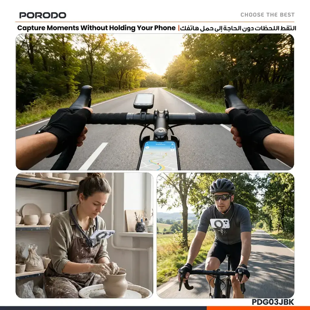 Porodo Stance Neck-Mounted Phone Holder with Hands Free Chest Tripod - Black6.webp