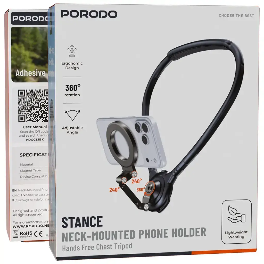 Porodo Stance Neck-Mounted Phone Holder with Hands Free Chest Tripod - Black2.webp