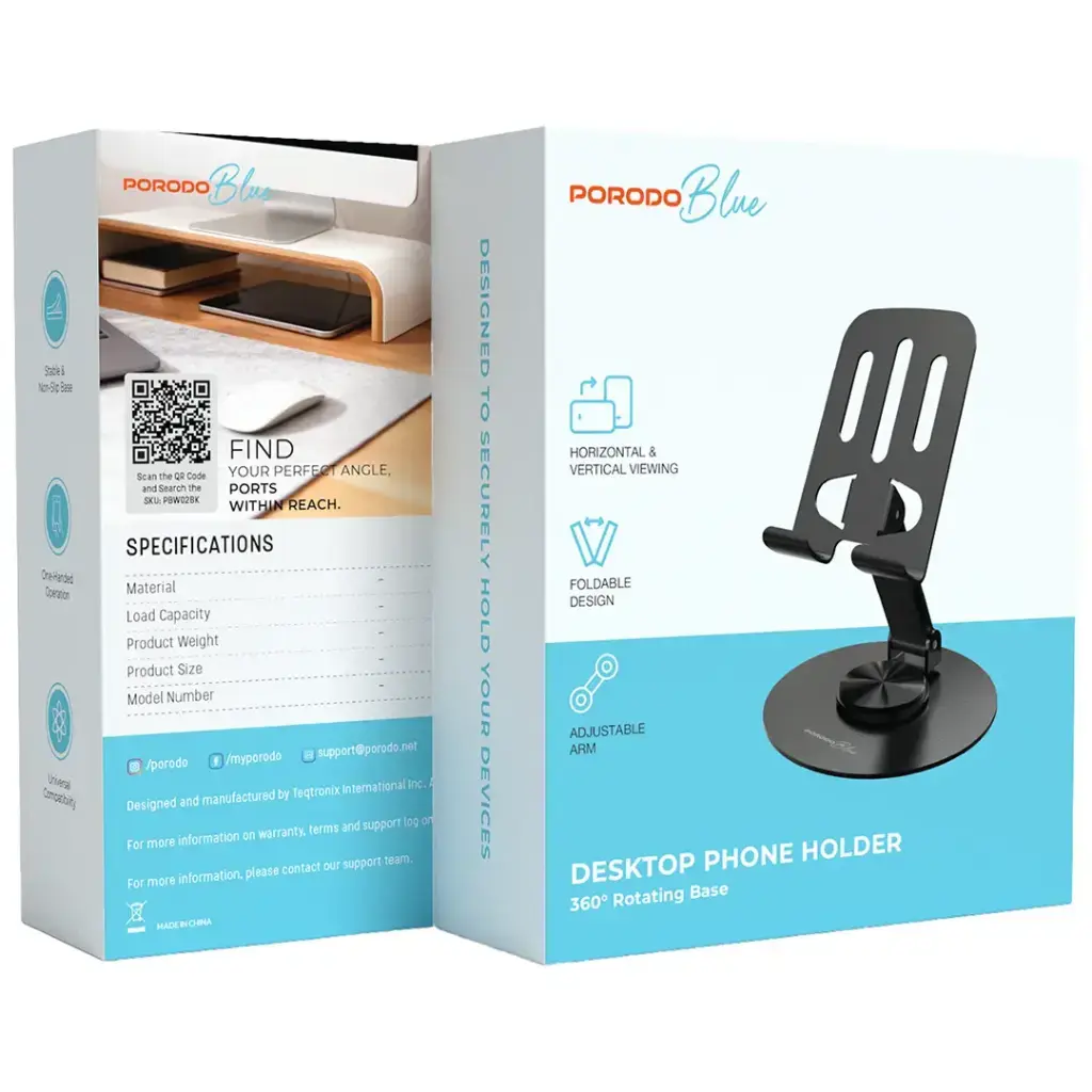 Porodo Blue Desktop Phone Holder 360° Rotating Base - Black5.webp