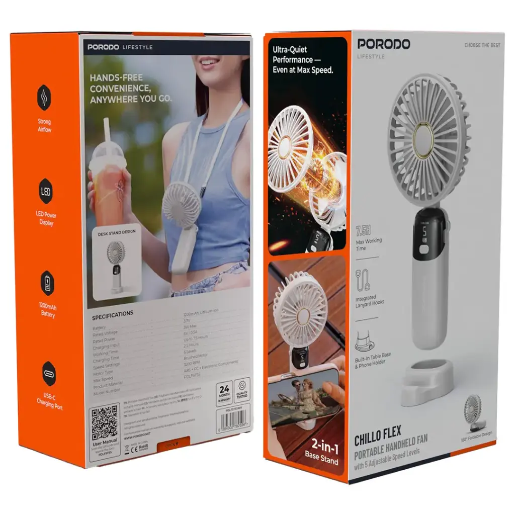 Porodo Lifestyle Chillo Flex Portable Handheld Fan (PDLFSTS5WH).webp