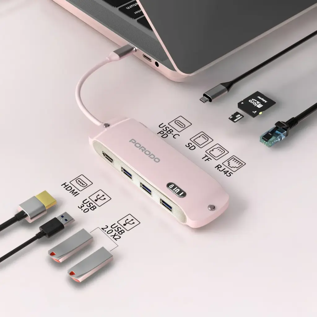 Porodo USB-C Hub Reviews 8-In-1 with 100W PD Fast Charging Pink.webp