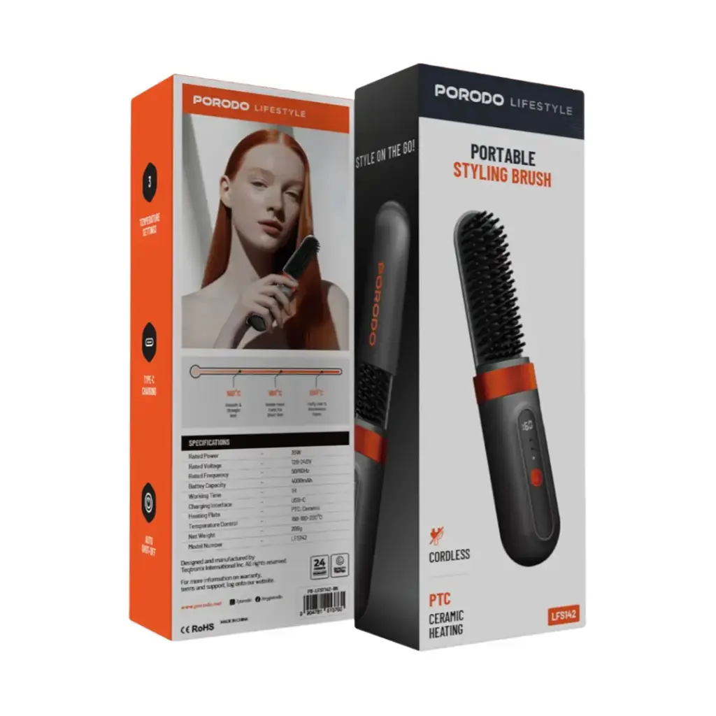 Porodo Lifestyle Portable Heated Styling Brush - Black