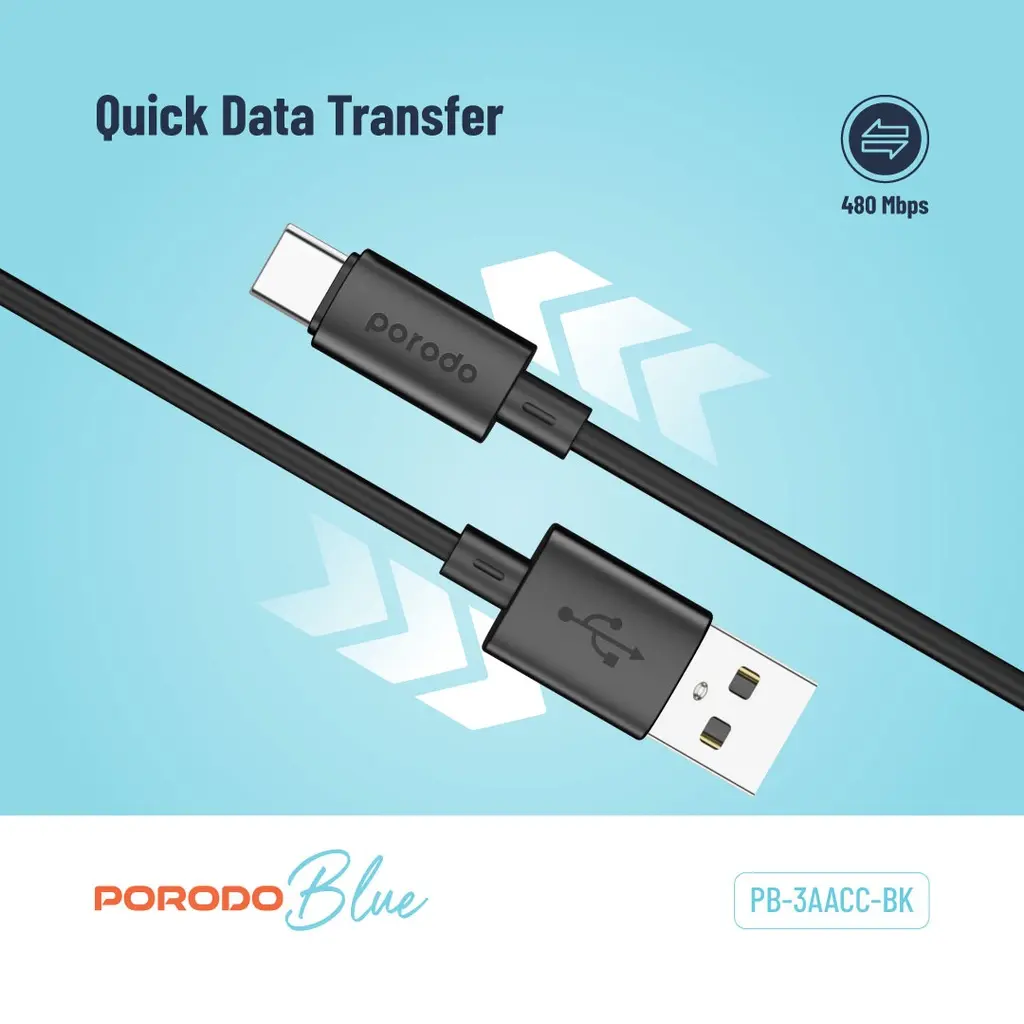 Porodo Blue 3A USB A to Type C PVC Cable 1.2M - Black (1).webp