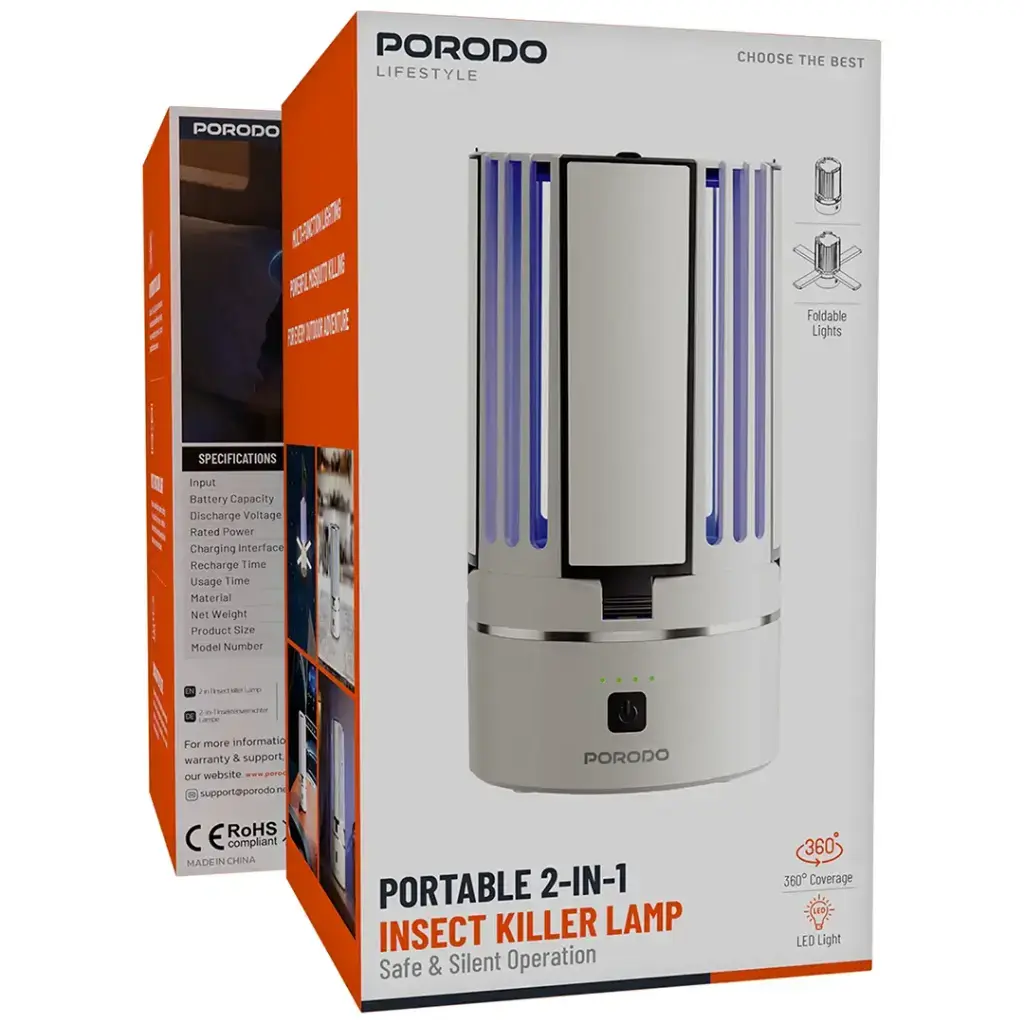 Porodo Lifestyle Portable 2-In-1 Insect Killer Lamp with Safe & Silent Operation - White.webp