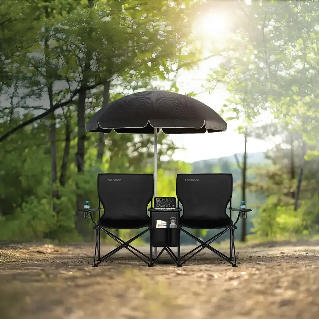 Porodo Lifestyle Campshade Camping Dual Chair with Umbrella & Cup Holder - Black5.webp