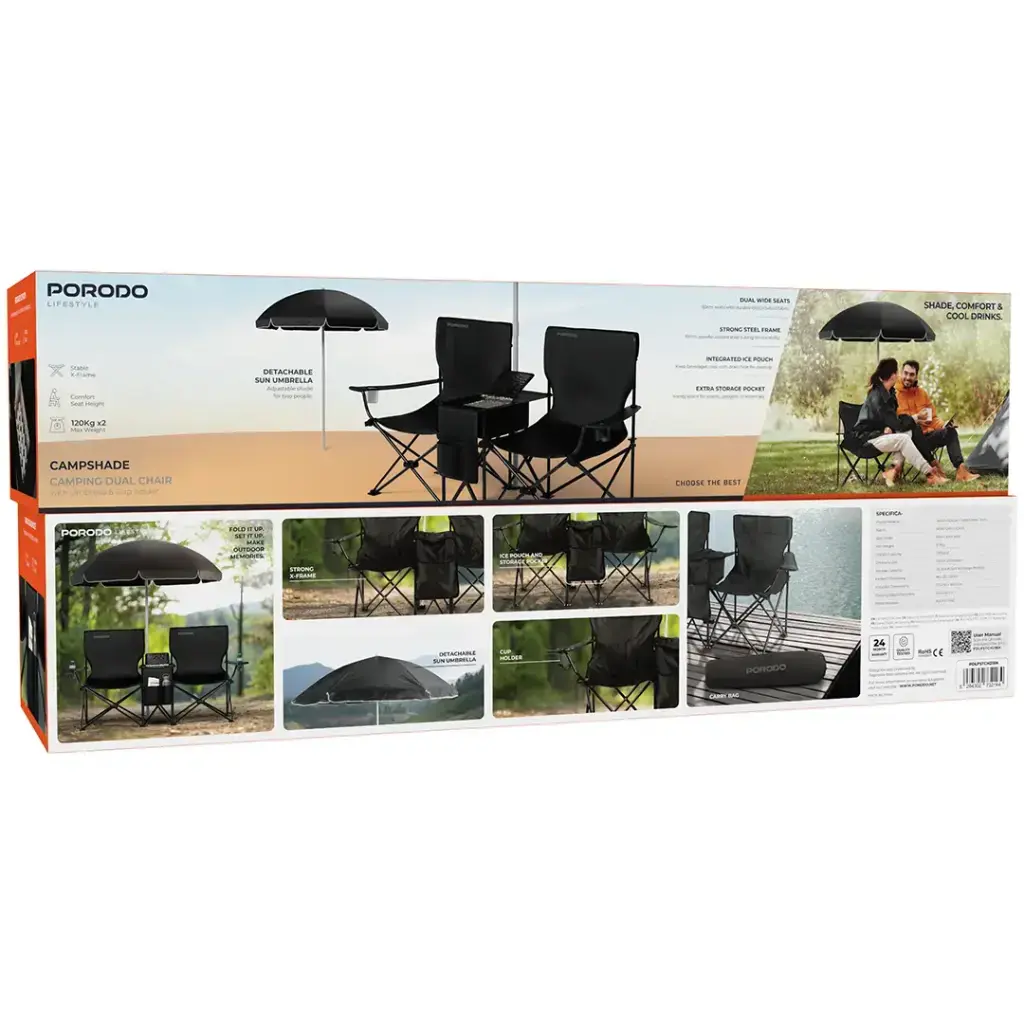 Porodo Lifestyle Campshade Camping Dual Chair with Umbrella & Cup Holder - Black4.webp
