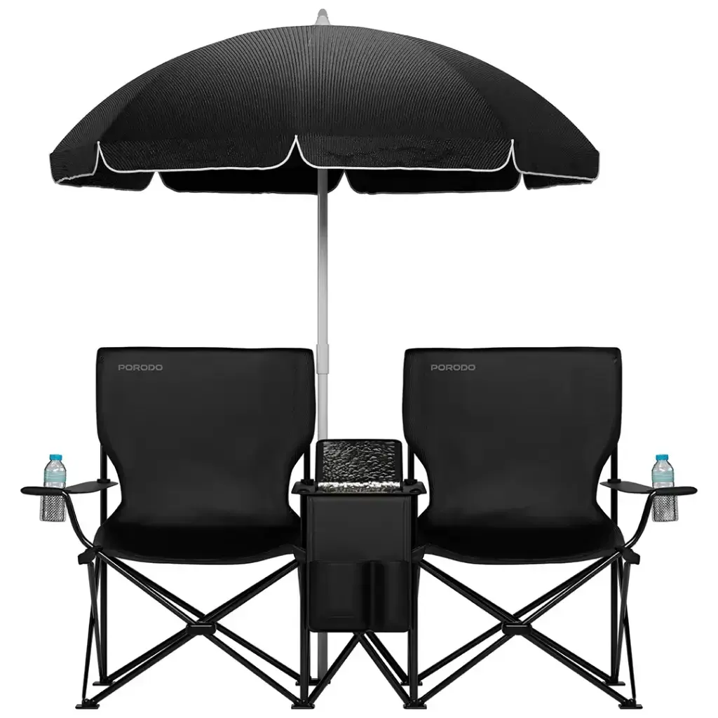 Porodo Lifestyle Campshade Camping Dual Chair with Umbrella & Cup Holder - Black.webp