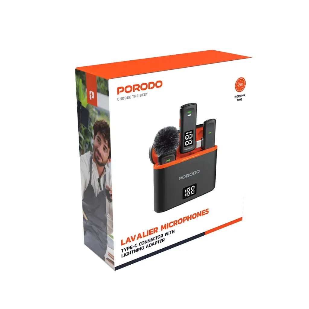 Porodo Lavalier Microphones Type-C Connector with Lightning Adapter - Black (1).webp