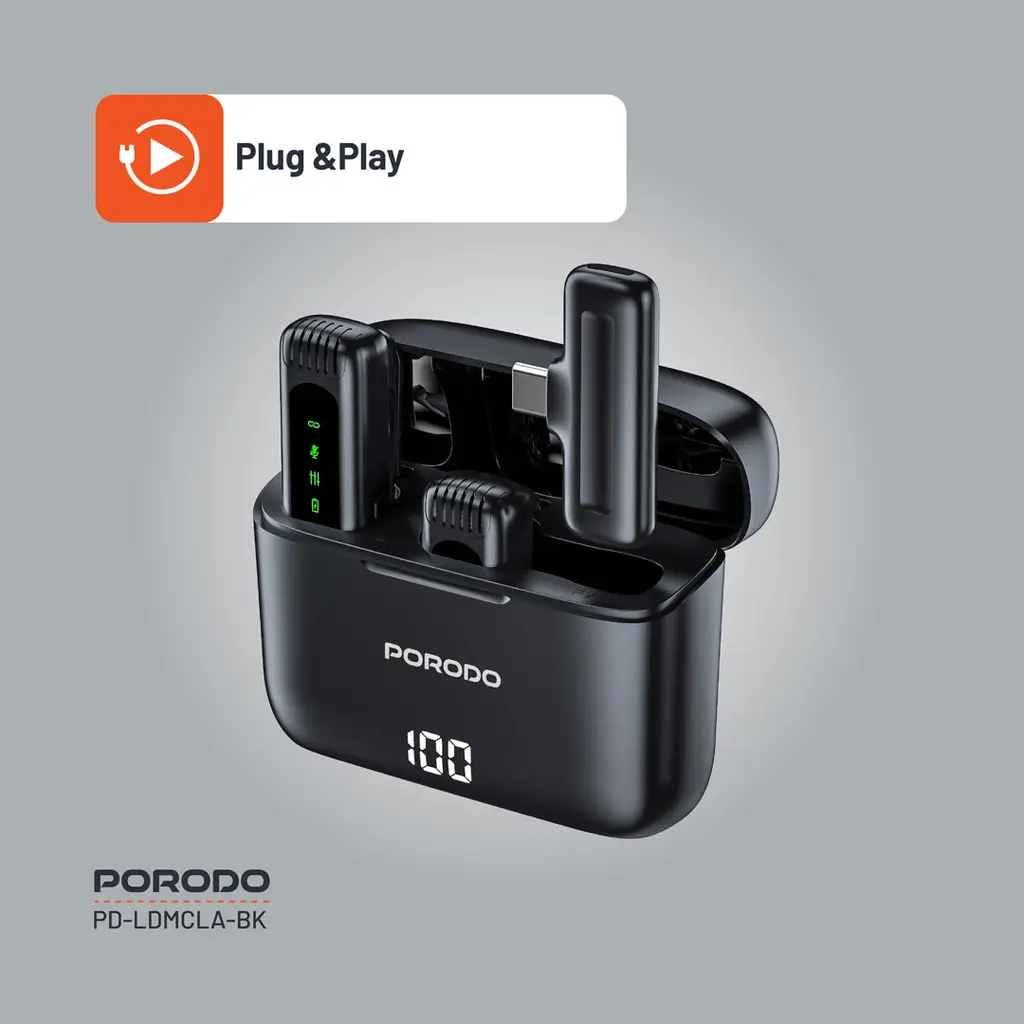 Porodo Lavalier Double Microphone with Charging Case - Black (7).webp