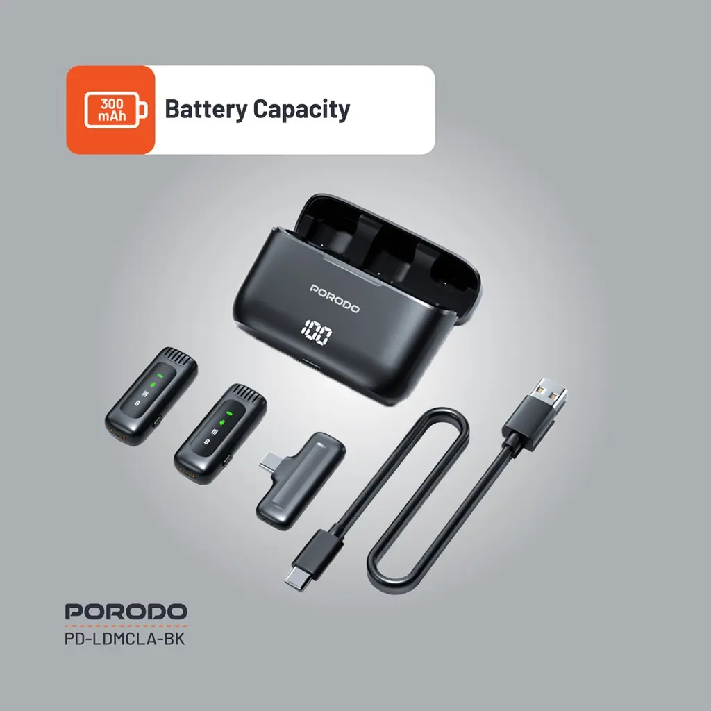 Porodo Lavalier Double Microphone with Charging Case - Black (5).webp