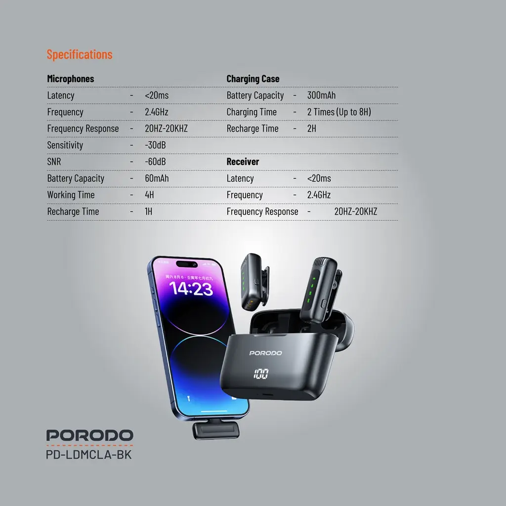 Porodo Lavalier Double Microphone with Charging Case - Black (1).webp