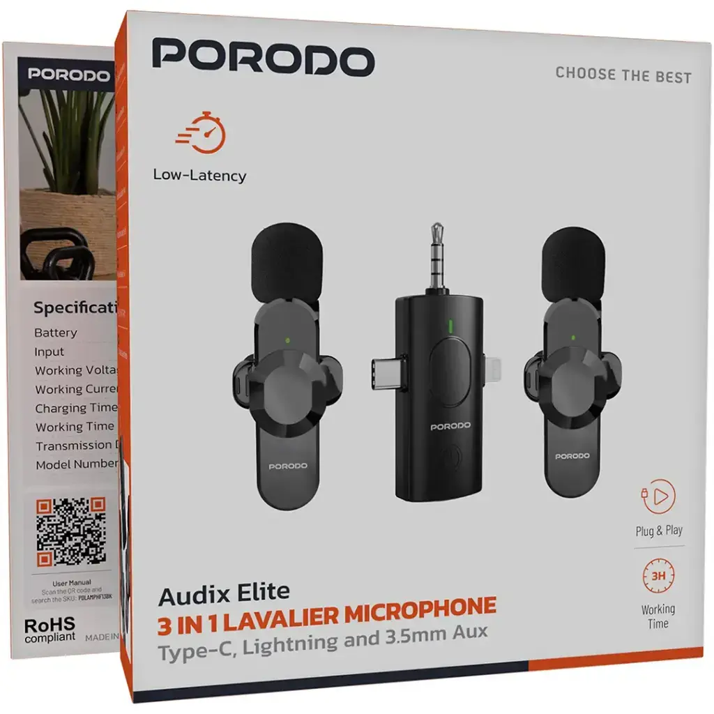 Porodo Audix Elite 3 In 1 Lavalier Microphone - Black (1).webp