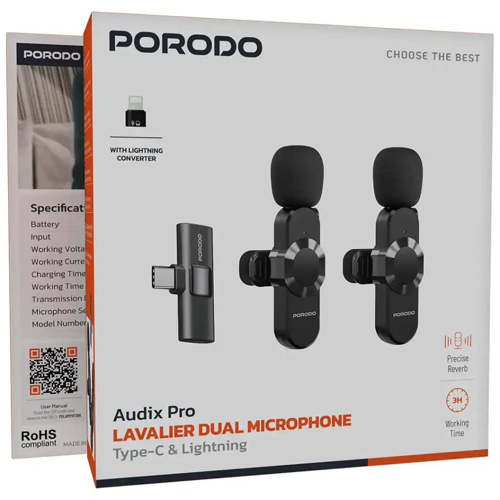 Porodo Audix Pro Lavalier Dual Microphone Type-C & Lightning - Black (2).webp
