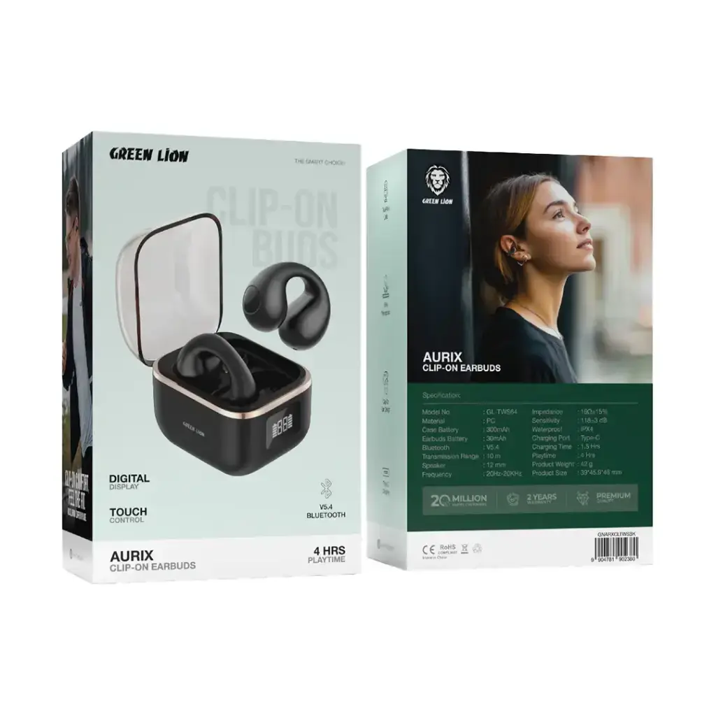 Green Lion Aurix Clip On Earbuds - Black (1).webp