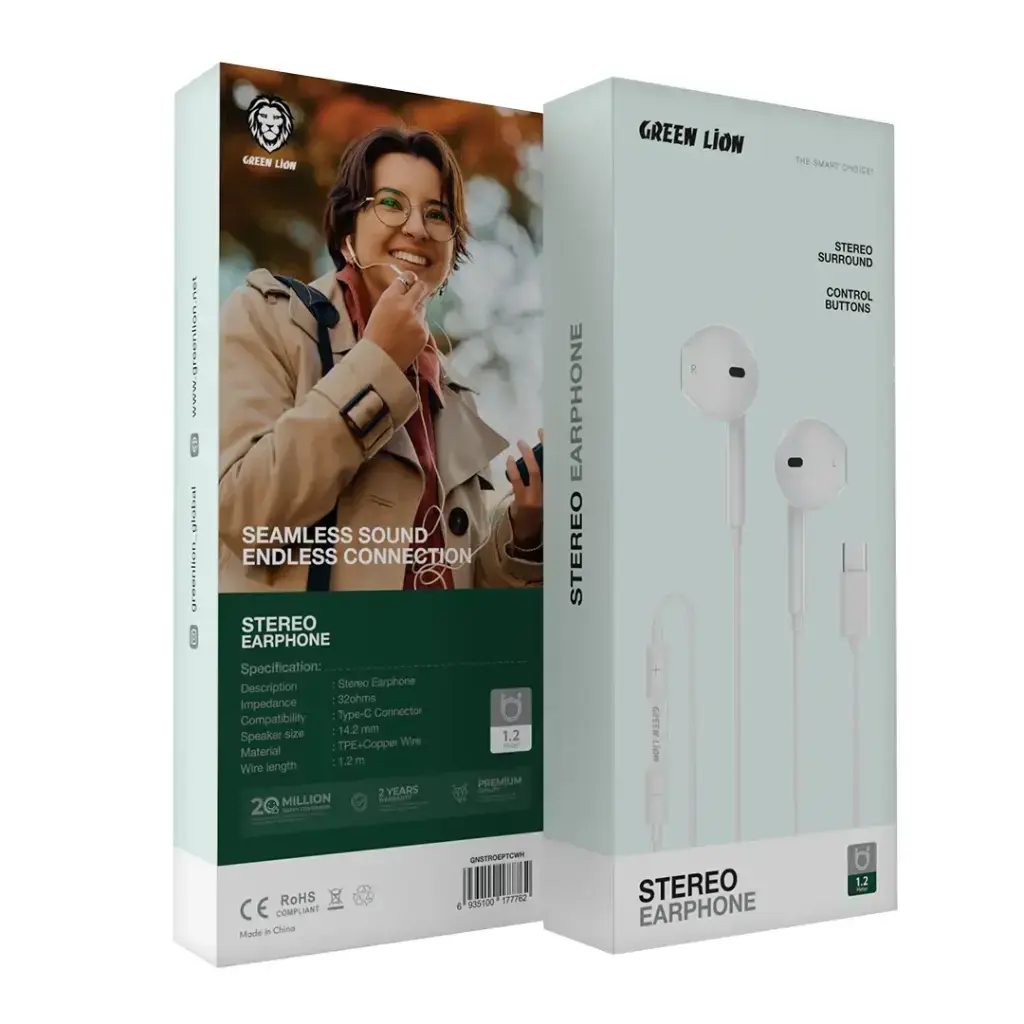 Green Lion Wired Stereo Earphones with Type-C Connector - White.webp