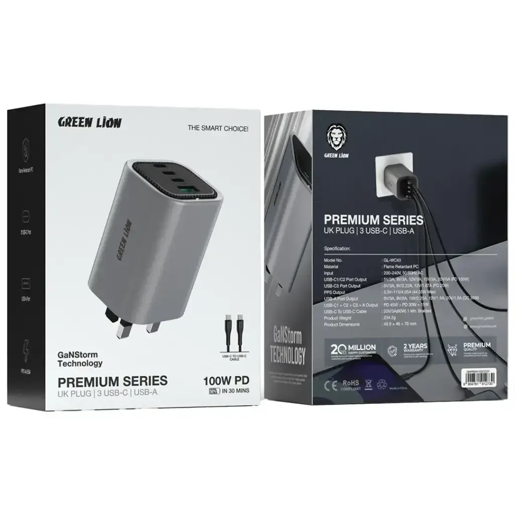 Green Lion Premium Series GaN Charger UK Plug PD 100W - Gray.webp