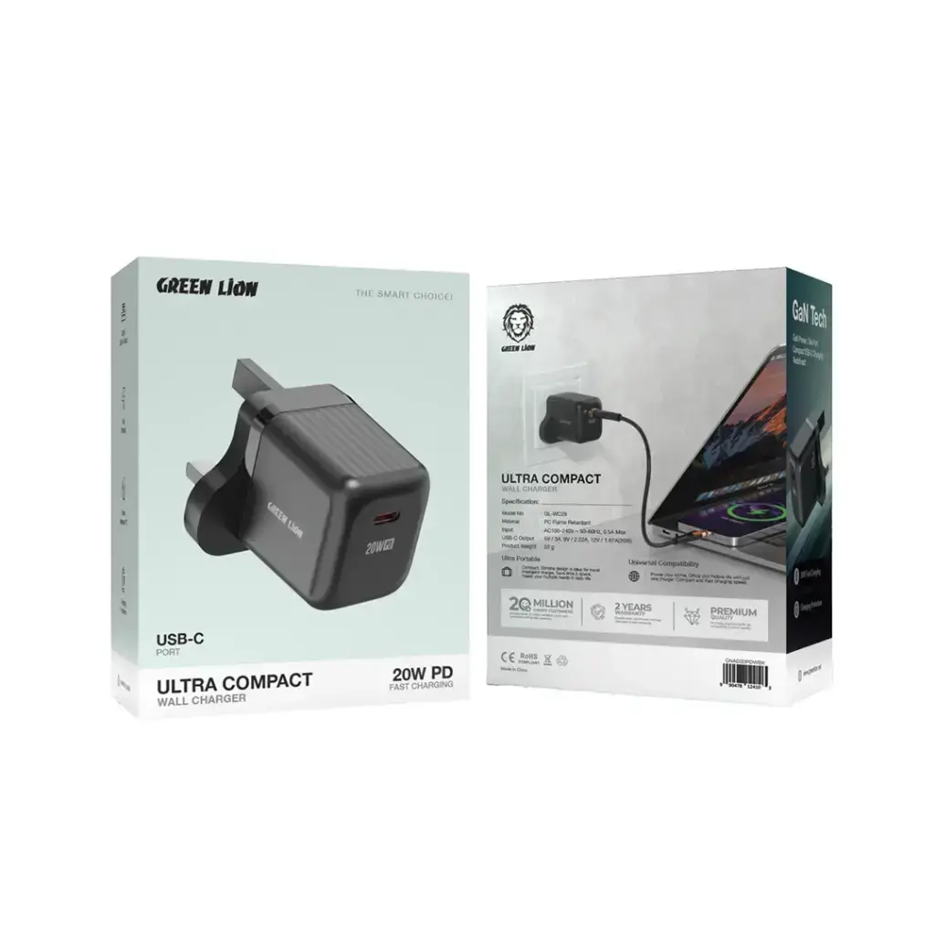 Green Lion Ultra Compact GaN Wall Charger UK Pin USB-C 20W (with C to C - C to L Cable) - Black.webp