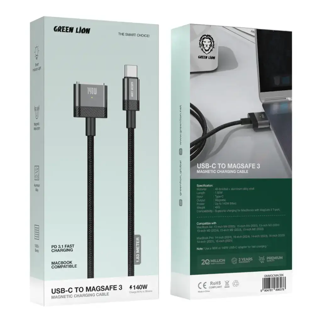Green Lion USB-C to MagSafe 3 Magnetic Charging Cable - Black.webp