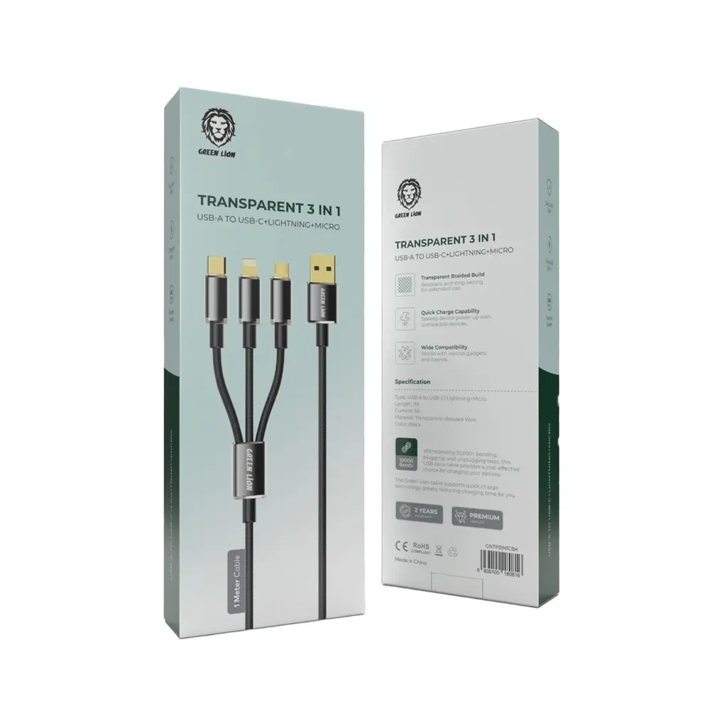 Green Lion Charger & Cable Transparent 3 In 1 Braided Cable USB C Lightning Micro 1M Black [GNTP3IN1CB.webp