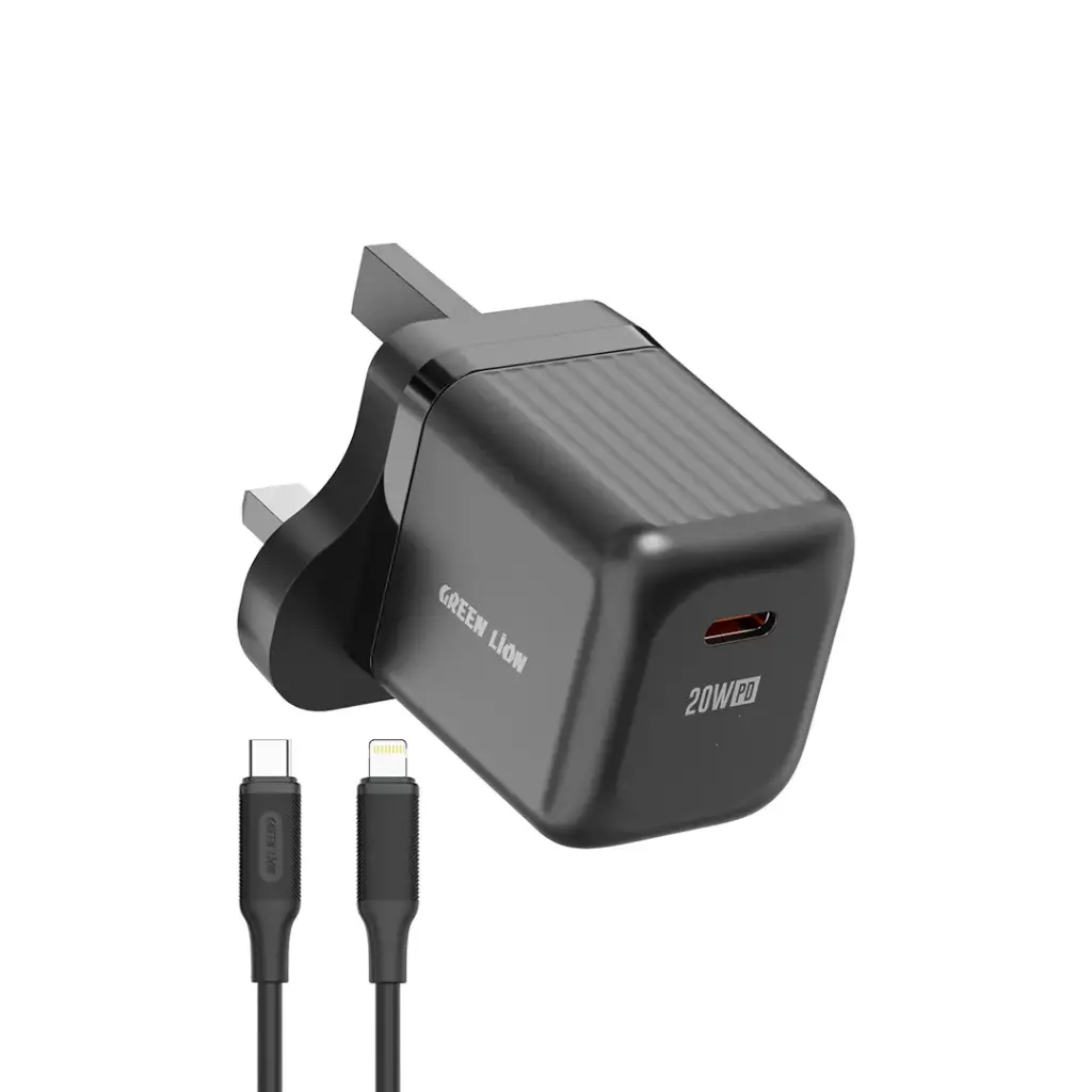 Green Lion Ultra Compact GaN Wall Charger with USB-C to Lightning Cable - Black