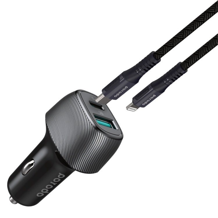 Porodo Dual Port Car Charger with Braided Type-C to Lightning Cable - Black