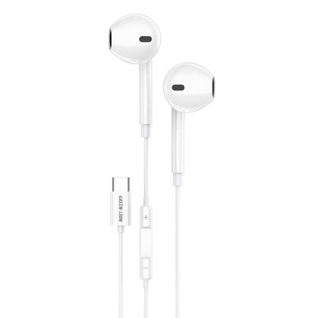 Green Lion Wired Stereo Earphones with Type-C Connector - White