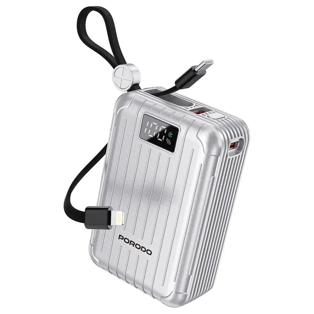 Porodo Petite 20000mAh Power Bank with Integrated Type-C & Lightning Cable - Silver