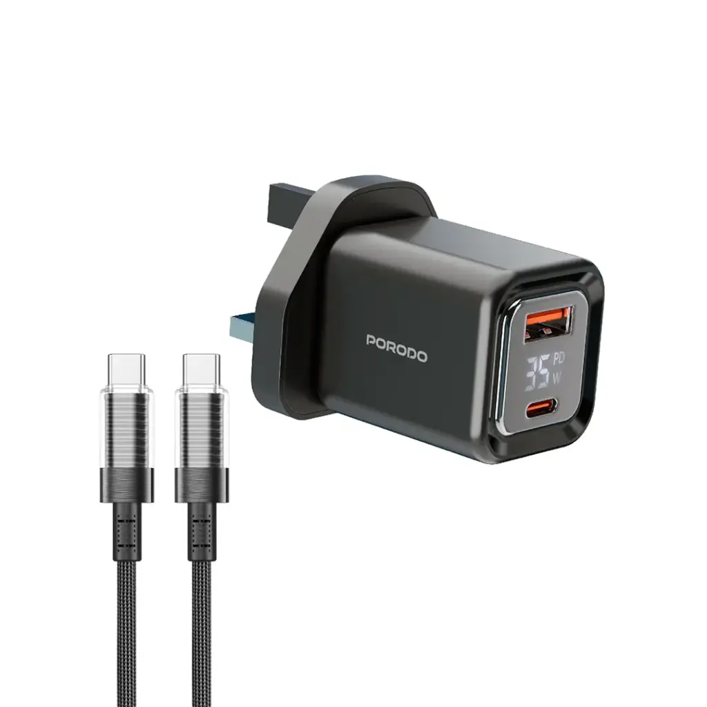 Porodo Dual-Port | Digital Display Quick Charger C to C Cable - Black