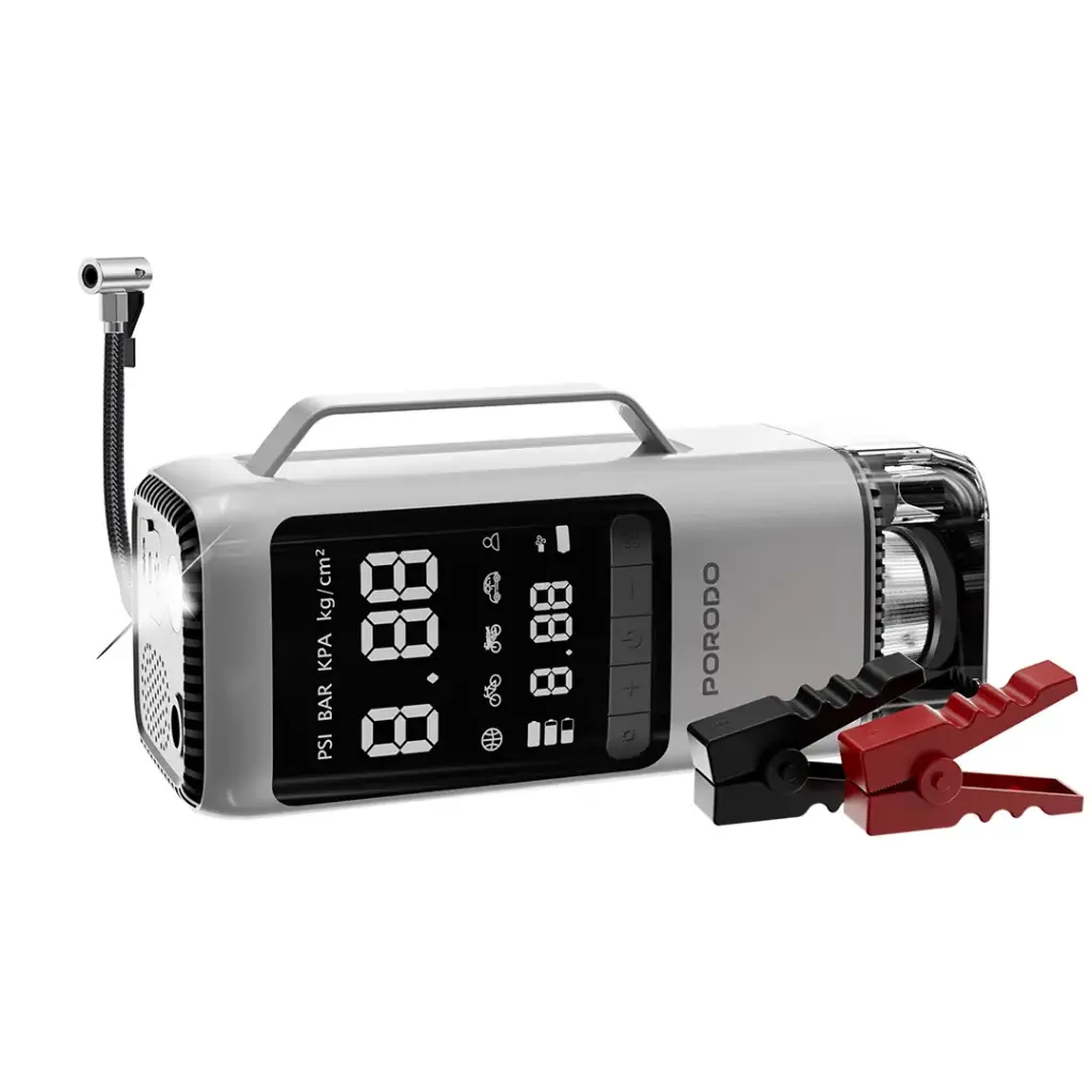 Porodo Multi-Function 6-In-1 Power Tool Jump Starter with Air Compressor & Power Bank - Black Gray