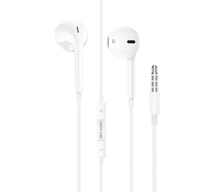 Green Lion Stereo Earphones, 3.5 mm with Built-in Microphone - White