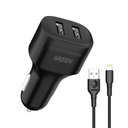 Green Lion Dual Port Car Charger 12W UK with PVC Lightning Cable 1.2M - Black
