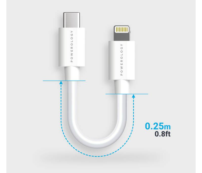 Powerology Data & Fast Charge USB-C to Lightning Cable - (0.25m/0.8ft) White