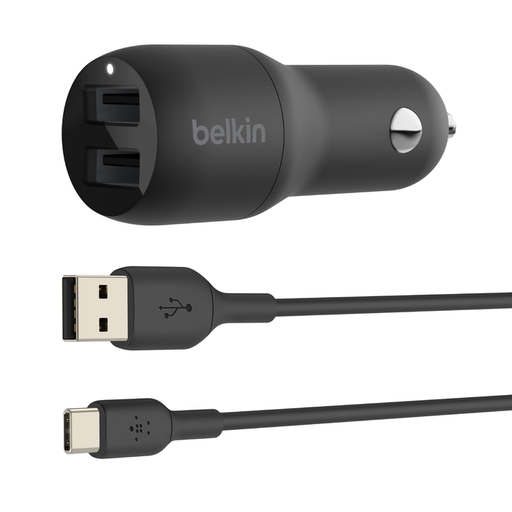 [CCE001BT1MBK] Belkin Dual Usb-A Car Charger 24W+ Usb-A to Usb-C Cable