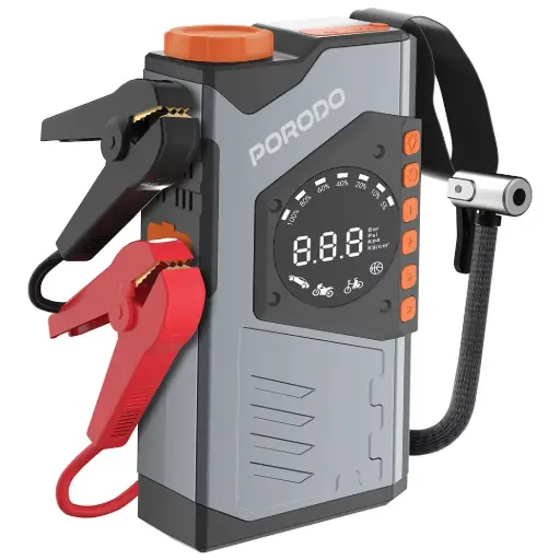[PDPBA10GY] Porodo VoltBoost 10k Compact Utility Tool, Air Compressor, jump Start, Digital Display, Flashlight, And Pwerbank - Gray