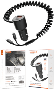 [PD-FWCH034-BK] Porodo Dual Port Car Charger Integrated C+L Cables