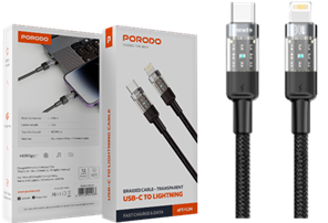 [PD-30WCLTH-BK] Porodo Braided Cable Transparent USB-C To Lightning Fast Charge & Data 1.2m/4ft