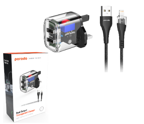 [PD-T12WDAUKL-BK] Porodo Dual Output Transparent Charger With 2.4A Auto ID Technology With USB-A To Lightning Cable 1.2m UK