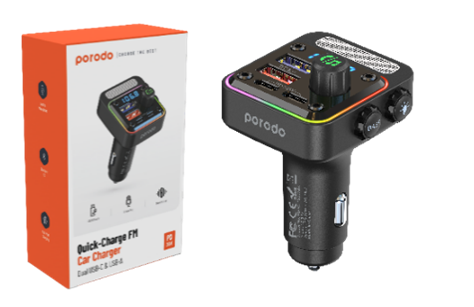 [PD-FMT36W-BK] Porodo Quick-Charge FM Car Charger Dual USB-C & USB-A