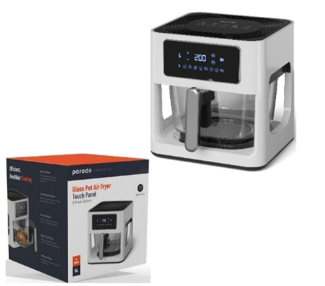 [PD-LFGPAF5L-WH] Porodo Lifestyle Glass Pot Air Fryer Touch Panel 6 Preset Options