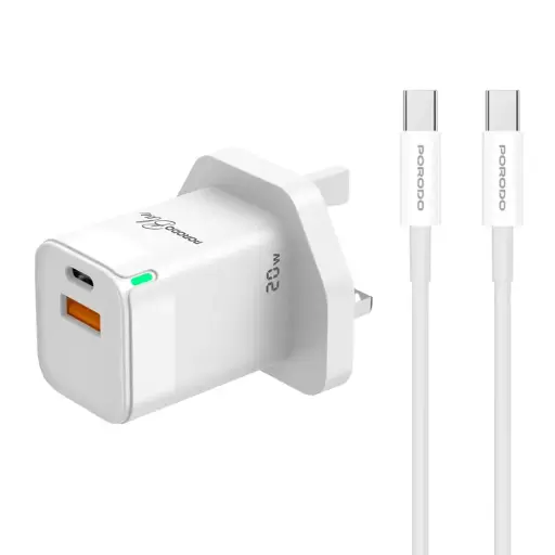 [PB-FWCH036-WH-C] شاحن بورودو الأزرق فائق السرعة USB-A إلى USB-C (يتضمن كابل Type-C بطول 1 متر) - أبيض