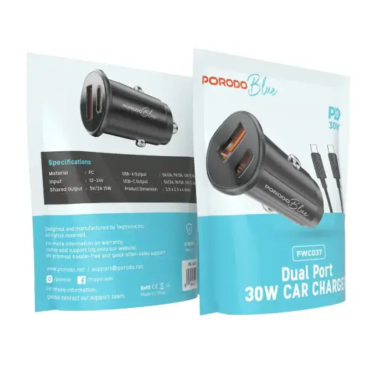 [PB-FWCH037-BK-C] Porodo Blue Dual Port 30W Car Charger with C to C Cable - Black