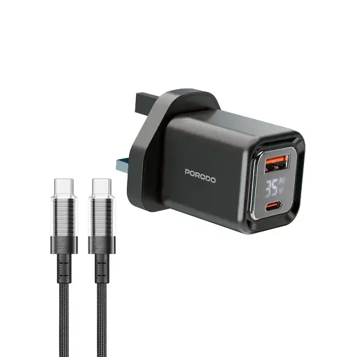 [PD-FWCH058-C-BK] Porodo Dual-Port | Digital Display Quick Charger C to C Cable - Black